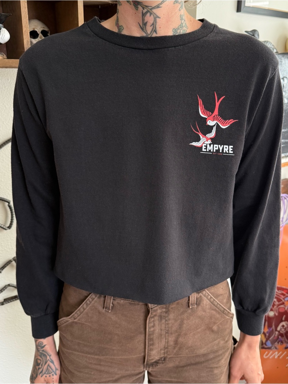 Empyre Cropped Boxy Black L/S Tattoo Swallows Rose Graphic Tee ~ Size Small